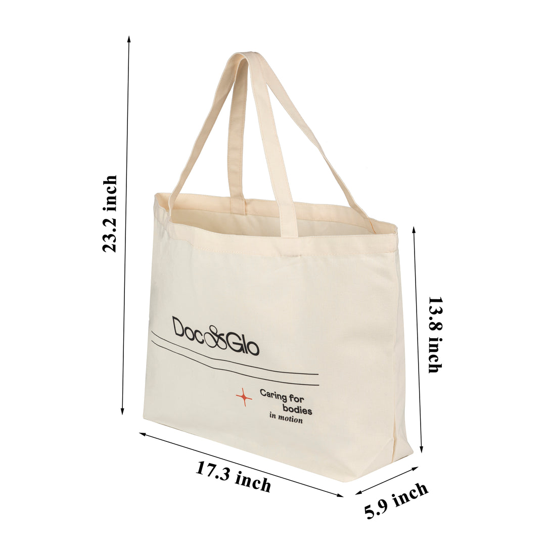 Beige Doc & Glo Large tote bag with dimensions labeled on a white background