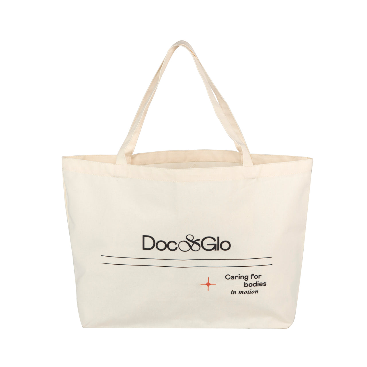 Beige large tote bag with 'Doc & Glo' branding on a white background